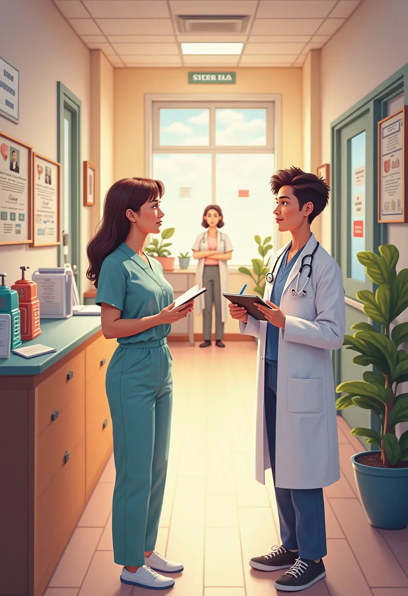 Picture of a health center with a doctor Wearing a white coat, a nurse in her uniform and a secretary writing down the patients 