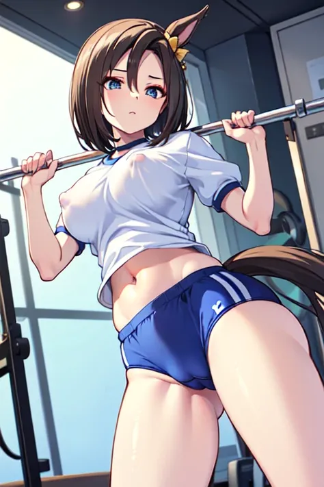 Air Groove、One person、 girl 、Horse tail、best quality,large breasts,(gym uniform,(blue buruma:1.2), (white shirt, short sleeves:1.2), thighs:1.3),(navel:1.3),(cameltoe:1.3),large breasts,(puffy nipples:1.2),