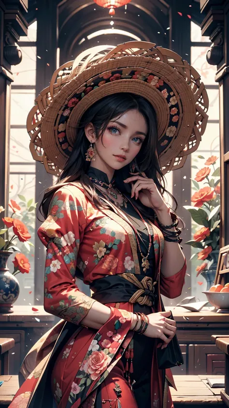 Official Art,  Unity 8k Wallpaper, Super Detail, beautiful and artistic, masterpiece, best quality, Chinese style, (zenTangle, Mandala, Tangle, enTangle), floral ecstasy, girl around her neck, very detailed, dynamic angle, cowboy shot, Most Beautiful Form ...