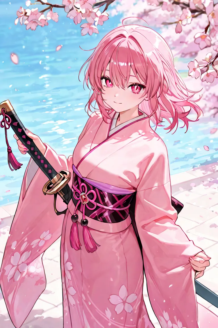 　Falling cherry blossoms　 with sharp eyes 　 kimono　Hold the sword on your lower back　pink hair