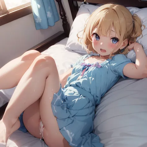   Amazing Details  、  evening 、、 bed、Mansion、Noble、((５  year old girl) wet hair 、blonde、、 short hair、、  Light Blue Dress  、 jumper skirt、 hairpins、makes me drool、semen、、 very cute、lying down、、 shy、 nipple masturbation 、、 Enthusiastic expression、 Sexual flu...