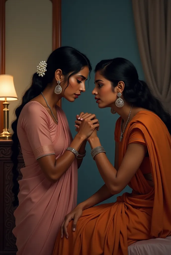 Inside their dimly lit bedroom, the soft glow of an oil lamp flickered against the ornately carved wooden furniture. The air was thick with silence, heavy with unspoken words. Nirmala, still dressed in her soft pink saree, her pearl earrings shimmering in ...