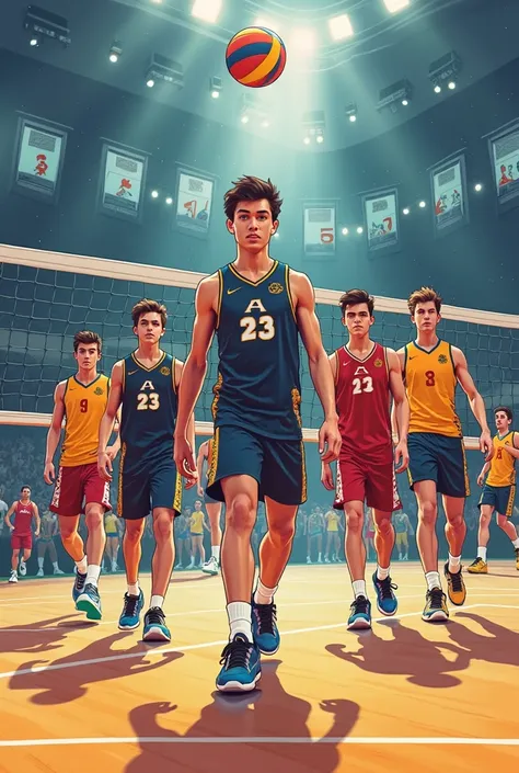 I want to create a picture of a men's volleyball team with an outfit,beautiful shoes for high school students more animated