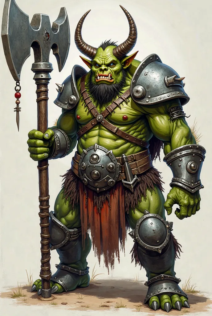 A character for the Earthdawn role-playing game. Troll with two horns, with a HUGE WARHAMMER. metal armor ON HIS TORSO, a backpack next to his legs. the skin is not green. huge facial armor. NO BACKGROUND