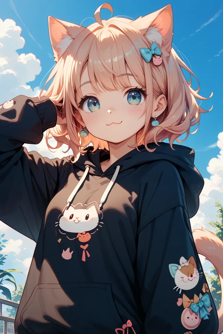 Fluffy, pure love, cat type, cute, cute girl, very cute girl wearing a hoodie and a face that melts in cat ears and a face that glances and smiles here and there