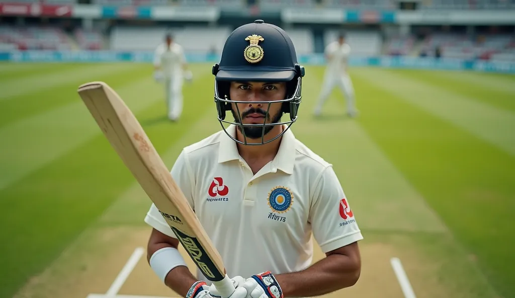 "A professional cricketer standing at the crease in a ready batting stance, gripping the bat firmly with both hands. He wears a helmet with an Indian team logo, gloves, and full batting gear including pads and sports shoes. The lush green cricket field spr...