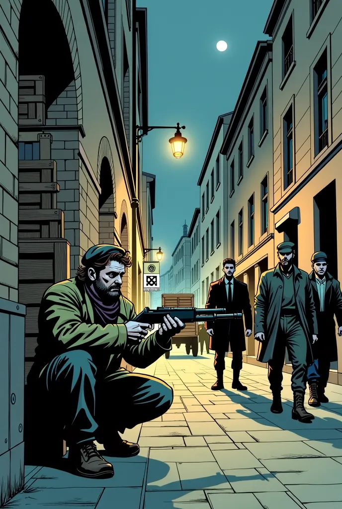 A dramatic comic-style illustration, inspired by vintage World War II war comics, depicting a tense pre-attack moment in Nazi-occupied Lyon, 1942, at 2:00 AM.

In a dark alley, hidden between old brick buildings, the French Resistance leader is crouched be...