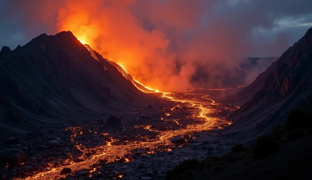 "A breathtaking volcanic landscape at night, where molten lava slowly flows down jagged mountains, glowing bright orange against the pitch-black surroundings. The sky is completely dark, filled with thick clouds of smoke illuminated from below by the fiery...