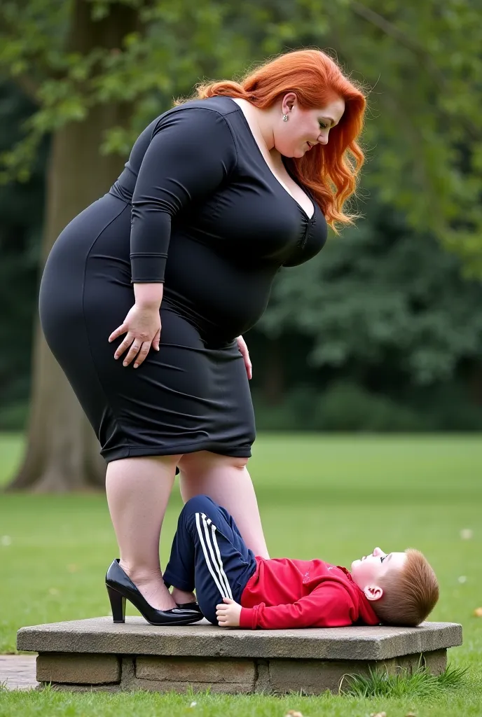 A very large English woman, redhead, curvilinear, chubby plus size 30 year old woman with extra very thick thighs and extra very wide hips wearing a latex dress and high heels, stomping straight to the right on the body of a ager wearing a small-sized trac...