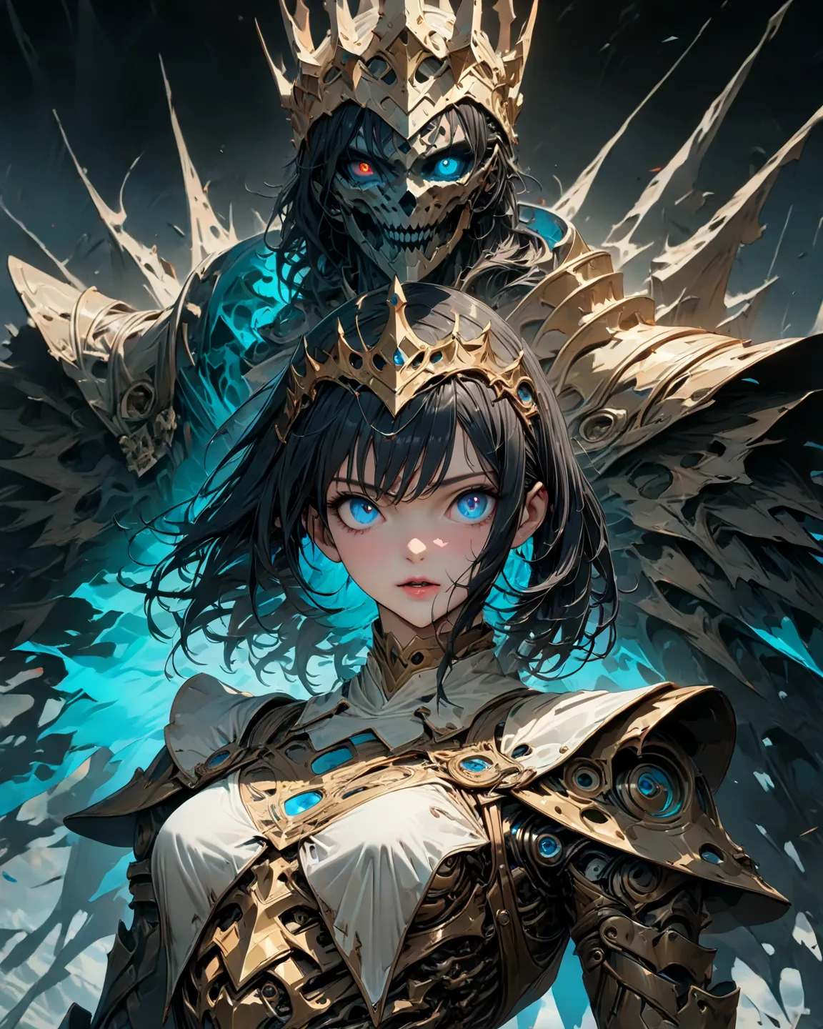 (((( masterpiece)))), (((( top quality)))), (((high definition,anatomically correct,masterpiece,top quality,4K,))),full body,girl,Queen,Brave King,shortage々しいgirl, black hair,short hair,gradation color,Blue Inner Color,detailed faces,detailed eyes, sharp e...