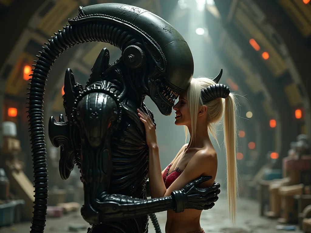 Geiger xenomorph cuddling with cute petite girl with horns, extremely thin skinny body, happy expression, skimpy outfit, spaceship hangar, platinum blond