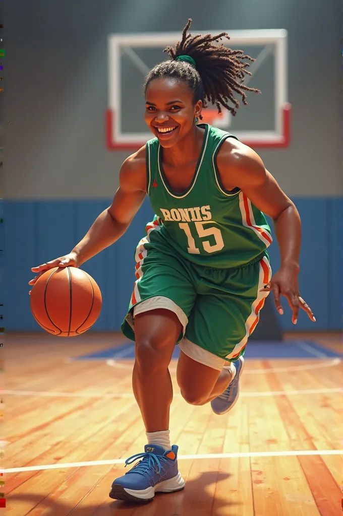 A chubby woman who plays basketball, who wears a green, blue and white uniform with the number 15 on her uniform..