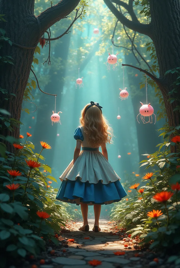 alice au pays des merveilles, Créatures magiques autour de vous, chef-d'œuvre, détaillé8K,photorealistic,masterpiece,ultra-detailed,vividcolors,botanicalillustration,fantasyart,magicalrealism,fantasylandscape,fairytale,enchantedforest,magicalcreatures,myst...