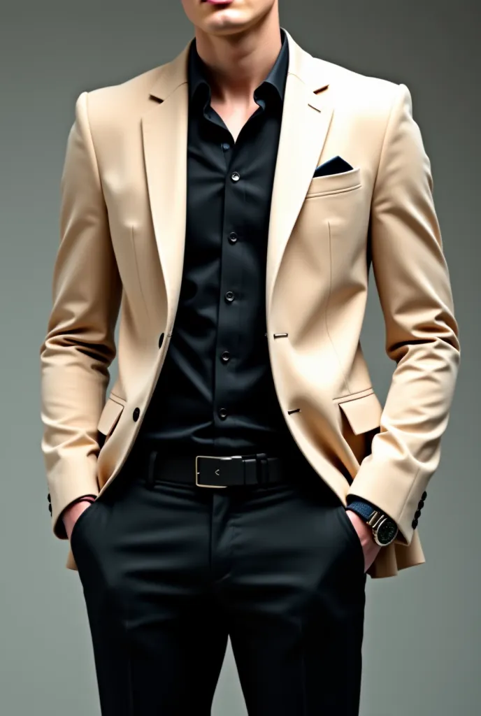 Beige jacket with black trousers and black shirt 