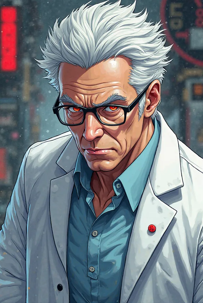  A male scientist who has short white hair, red eyes,  wears glasses, white coat with a light blue shirt underneath. Has a serious and irritated expression, Jovem manga 