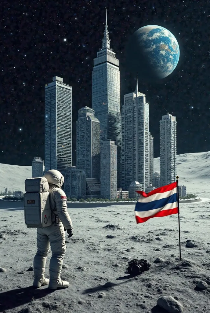 A surreal scene featuring multiple modern buildings resembling those in the capital city of Thailand, floating on the Moon. The buildings are positioned lower in the scene, giving a sense of depth. In the foreground, an astronaut in a detailed spacesuit st...