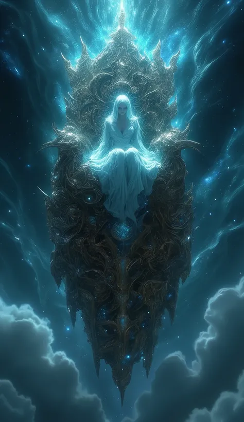 A colossal throne made of shifting clockwork gears, floating above an endless sea of swirling galaxies. A mysterious figure sits upon it, their body partially translucent, as if caught between moments in time. Each tick of the gears reshapes reality around...