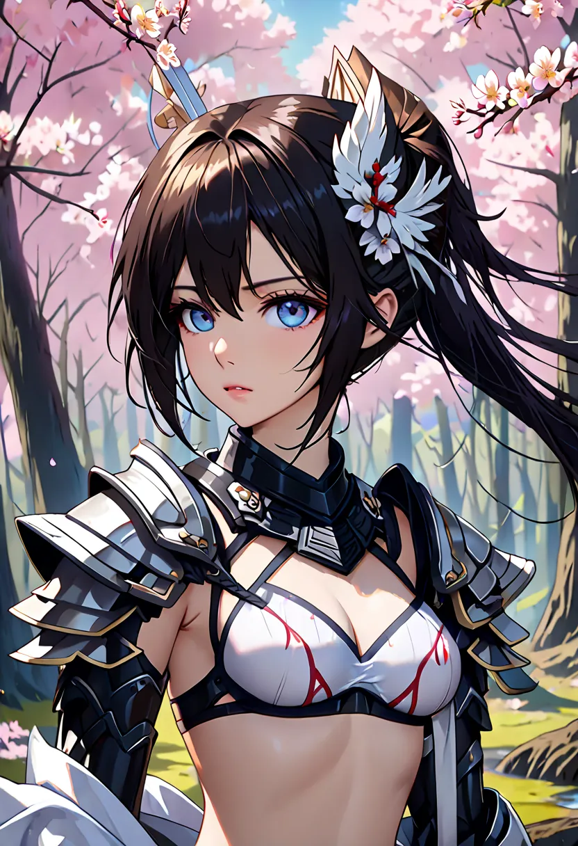 Seraphim Sakura,  Perfect Eyes, ( surreal:1.5), (standing in the woods:1.2), (Closeup Photos:1.5), (black paladin armor:1.2), (complicated:1.2), (beautiful attractive single woman in seamless bikini:1.2), (best quality:1.2),