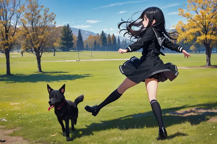 High image quality, high resolution, smooth gradation, vivid colors, a black cloak, a black student uniform, black stockings, black lace-up shoes, black hair, a high school girl, Park, spring, dry soil, dog, frisbee, sparse grass with visible soil, dead tr...