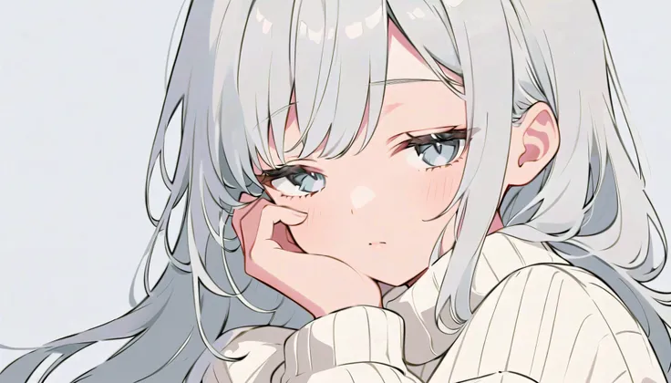 flat color, 
1girl, solo, 
silver eyes, silver hair, long hair, sleepy-eyed, sleepy, 
resting her cheek on her hand, looking at viewer, upper body, 
ribbed sweater, white sweater, 
simple background, silver background,