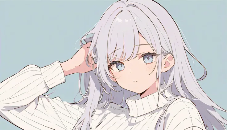 flat color, 
1girl, solo, 
silver eyes, silver hair, long hair, sleepy-eyed, sleepy, 
hand in own hair, looking at viewer, upper body, 
ribbed sweater, white sweater, 
simple background, silver background,