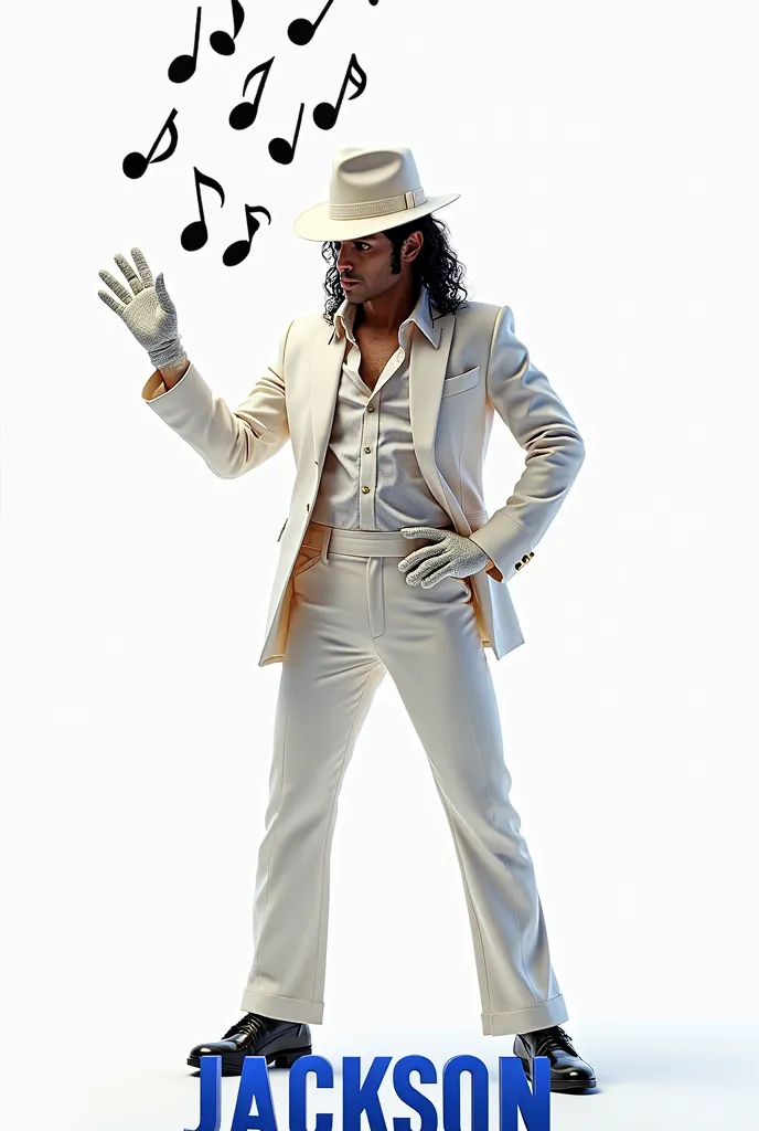 Michael Jackson African-American wearing white hat and glove with realistic shiny white suit, Black musical notes in the air and at the bottom written with thick blue letters JACKSON, on a white background HD