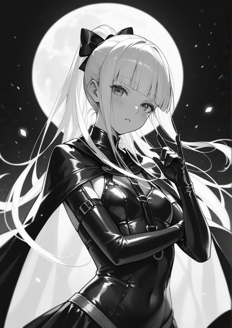 score_9, score_8_up, score_7_up, 1girl, solo, white hair, long hair, (blunt bangs), long locks, ponytail, cape, small breast,((hands)), fingers, blush, (black clothes), ((black backgrounds)), monochrome, manga, ((black and white)), look at viewer, (pose:1....