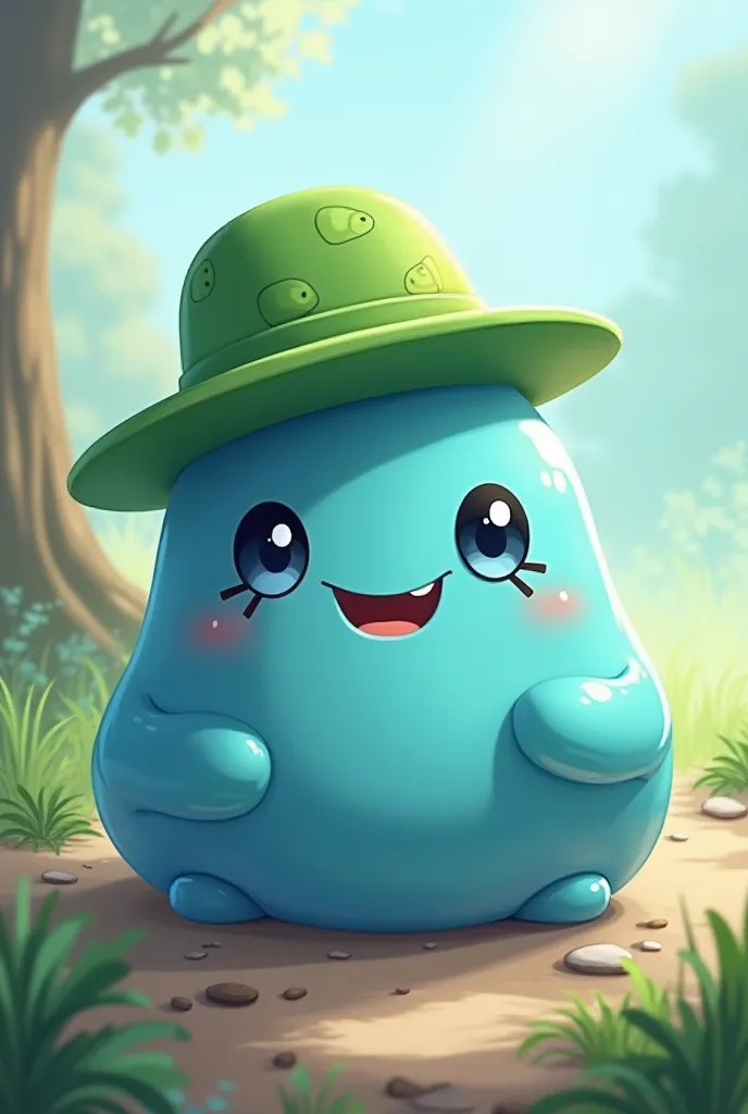  I created a detailed vision of what would be a realistic version of the Boomslingers slime, with a blue body and green hat, cute eyes and smiling mouth,  in an anime style 