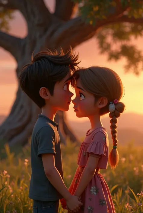 Image Prompt:
A close-up 3D Pixar-style render of Noah whispering to Emma. His expression is a mix of curiosity and nervousness. The dimming light of the sunset casts soft shadows on their faces. The old oak tree looms in the background, its gnarled branch...