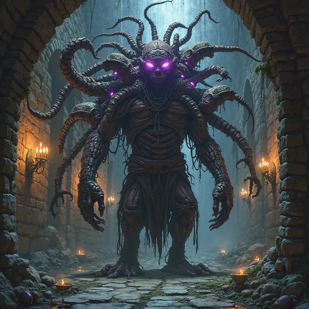 "Epic dark fantasy illustration of a monstrous abomination formed from the fusion of 30 medieval cultist bodies, set within a decrepit, foreboding dungeon hall. This grotesque creature is a twisted mass of interwoven muscles, multiple heads, twisted arms a...