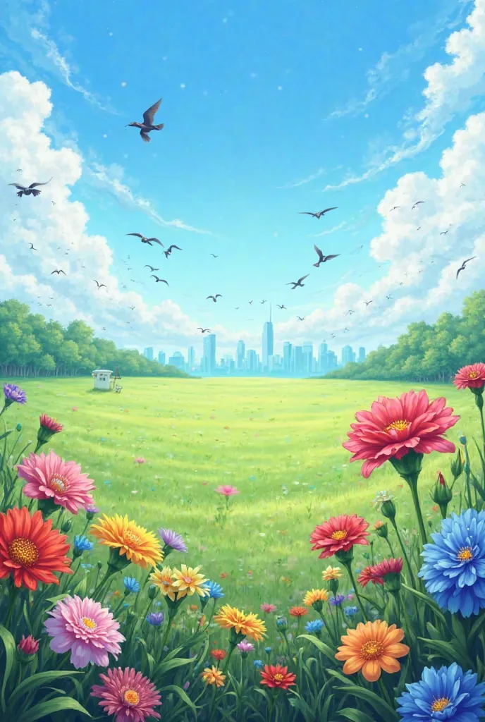 draw a field. flowers in the foreground + 1 carnation. A little further away is just a green field. There are birds in the sky and the city in the background 