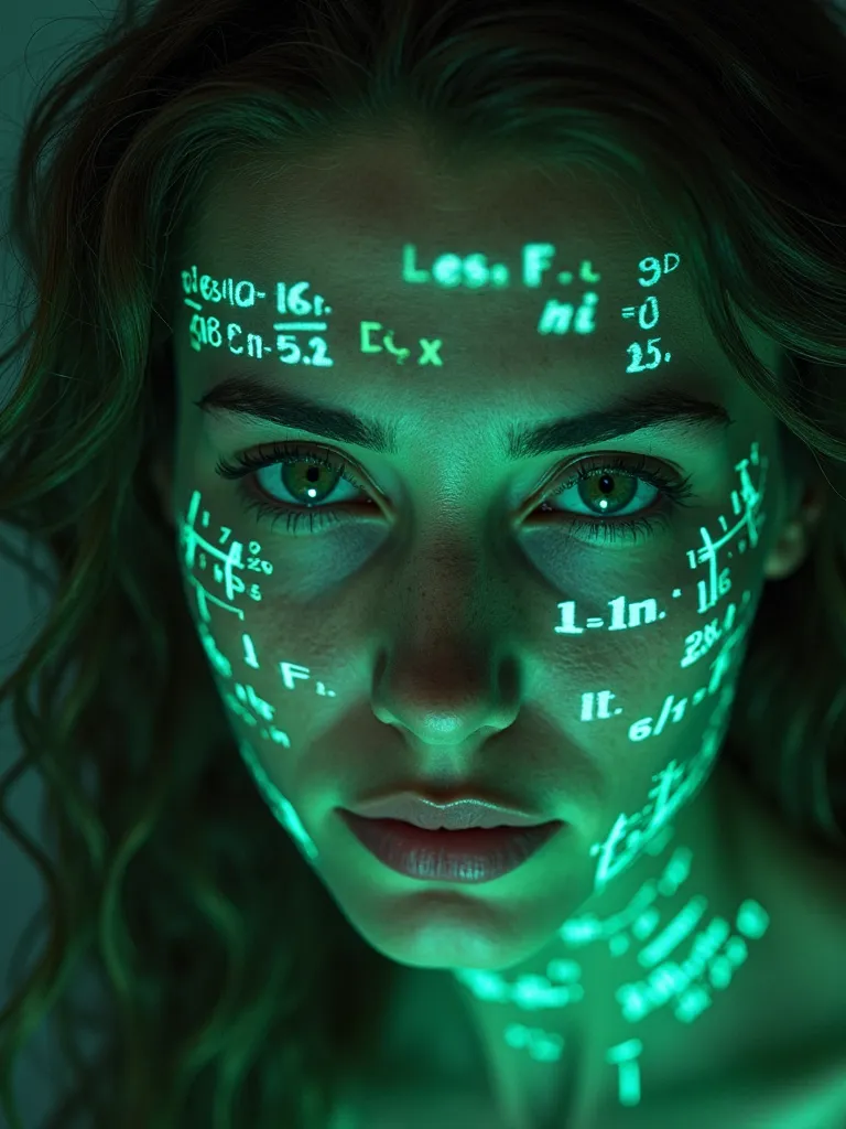 Close-up of woman's face, glowing green holographic equations projected onto skin. Intense gaze, realistic features. Dark background, cyberpunk aesthetic. Luminous mathematical formulas, handwritten style. Futuristic, high-tech atmosphere. Photorealistic r...