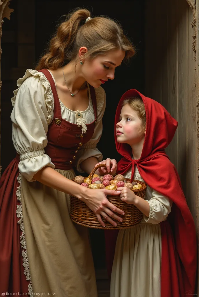 The mother handing a basket of goodies to Little Red Riding Hood, giving her careful instructions before she leaves for Grandma’s house.