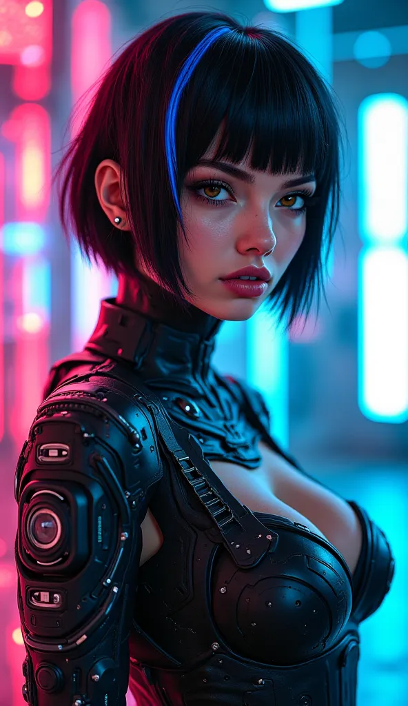 beautiful woman, standing in a futuristic cityscape, short black hair with neon blue highlights, sharp brown eyes, pale skin, visible cybernetic implants including a modified left arm and an augmented reality-enabled artificial eye, wearing revealing dark ...