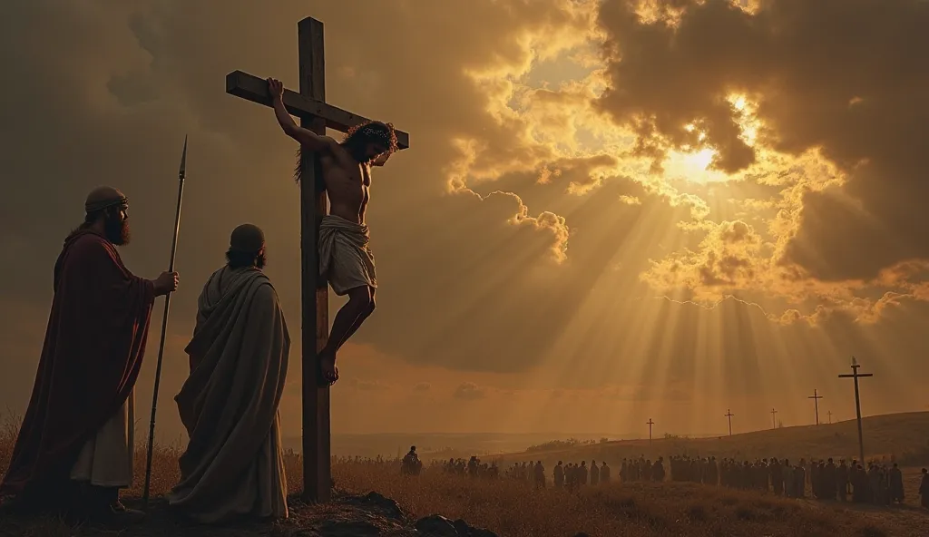 "A dramatic, hyper-realistic scene of the crucifixion of Jesus Christ on Calvary. Jesus hangs on the wooden cross, his body covered in wounds and blood, his head lowered in agony, wearing a crown of thorns. Two cloaked figures, possibly Roman soldiers, sta...