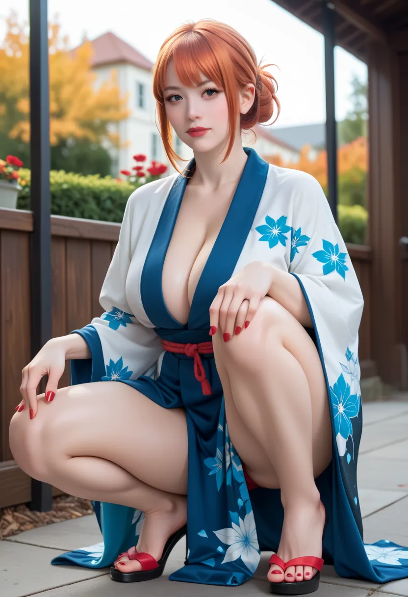 A photo of a beautiful curvy woman with hyper-massive cleavage, perfect body, balanced body parts,wearing a sexy black kimono kimono, squatting and revealing her thick thighs, placing her hands on her knees, detailed fingers, complete fingers, detailed nai...