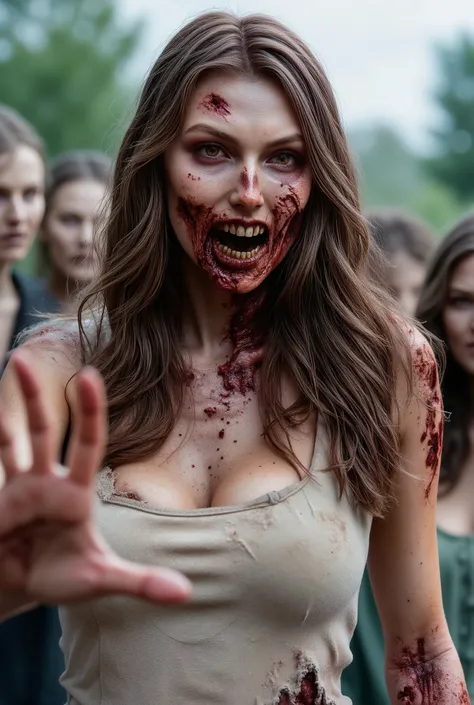 Zombie girl surrounded by other zombies, rotting flesh, open wounds, undead, open mouth with rotting teeth and blood, severed nose, blood and gore, bloody wounds, torn flesh, one arm reaching out to the viewer,