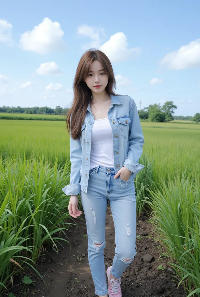 A beautiful young woman, wearing a white t-shirt and a light blue ripped jeans jacket, Light blue ripped skinny jeans, pink shoes with white pattern. Her hair is long brown, she is in a poor village. But rich in green plants. Brownish black soil, and dark ...