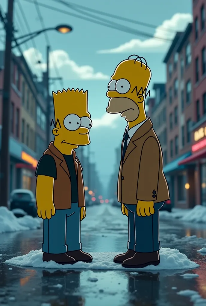 The Simpsons characters Troy McClure and Lionel Hutz, looking sad and absent, their animated forms frozen, with a background of The Simpsons cartoon world, showing a solemn atmosphere, a medium shot, cartoon anime style --ar9:16