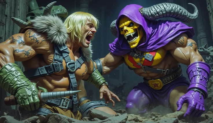 blond man with muscular fringe / leather straps intertwined on the chest with a red malt cross in the middle of his chest / long iron bracelets / brown leather pants / golden belt / leather boots with fur / mounted on the top of a green tiger with roaring ...