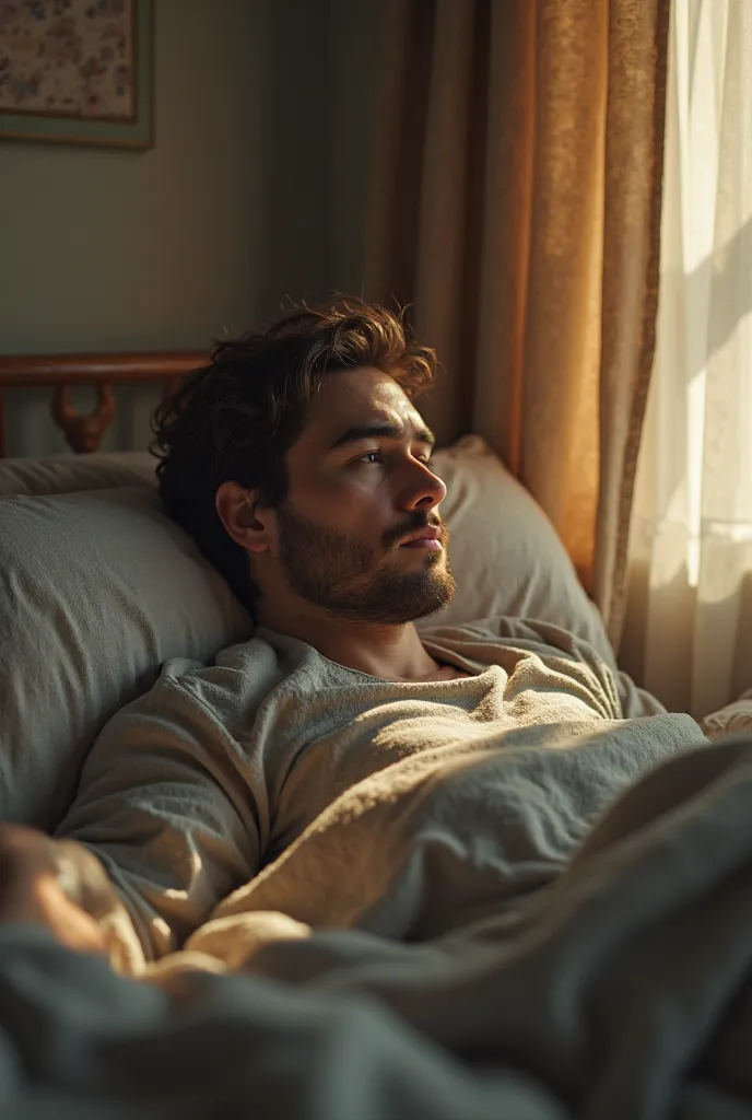 Brown-haired young man with a beard lying on the bed 