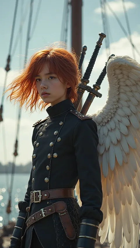 fantastic beauty、live-action、perfect balance、high definition、16k、Clear Images、reality、Beautiful red-haired, straight-haired age boy angel with white wings in a tight black military uniform、Standing on the bow of a large flying ship、 the wind blows and the ...