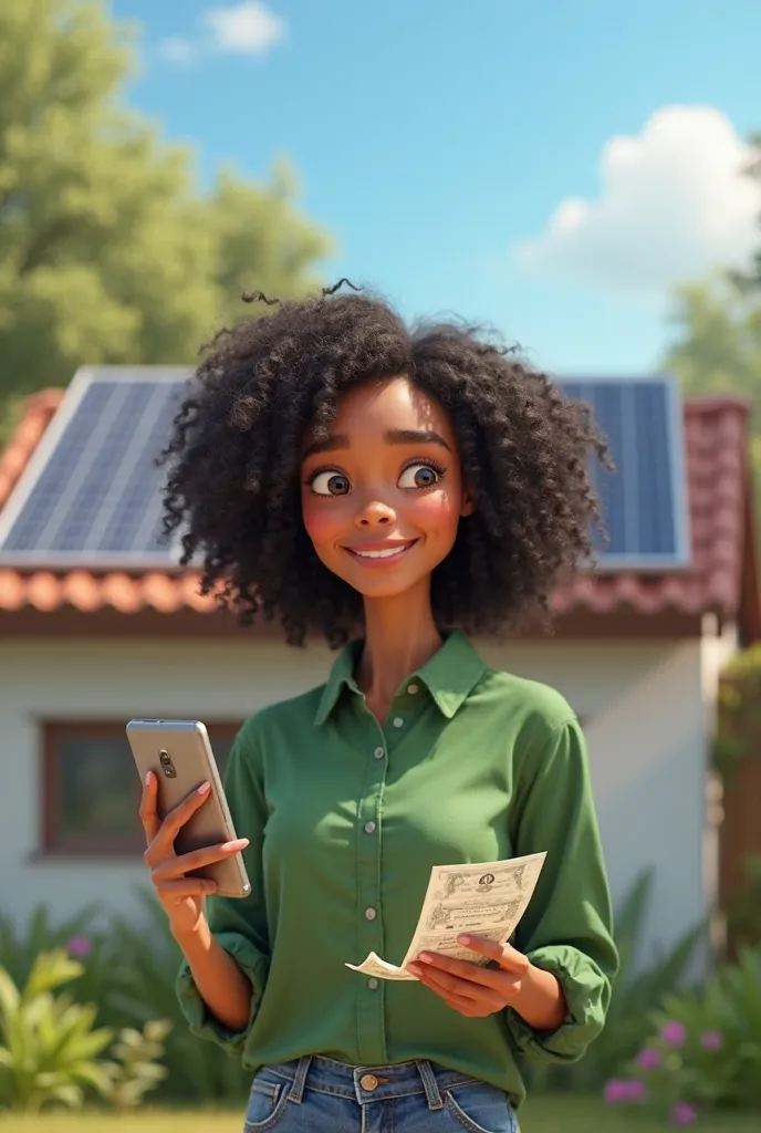 35-year-old woman uses cell phone in one hand and a bill bill in the other hand, Black skin color curly hair on the background of the photo a roof with a green shirt solar panel, in Disney Pixar animation style 