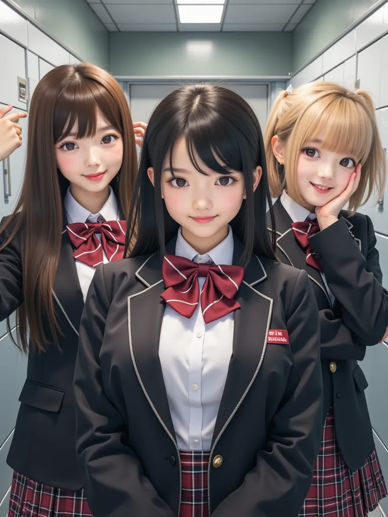  3 high school girls ,Everyone has a different type of face,each different hairstyle(long straight hair(brown),short hair(black),blonde twin tails),Gal High School Girl,Everyone in the same uniform(plaid pleated skirt,blouse,Ribbon tie,blazer from above th...