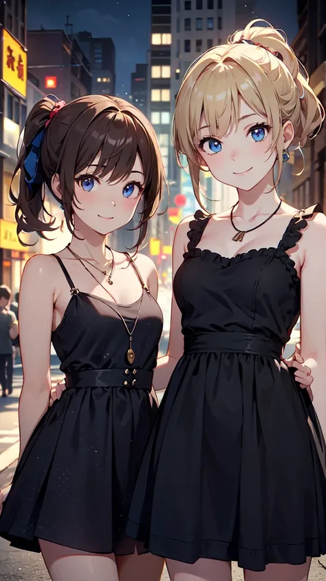 smile。Two 20-year-old sisters。The sister girl on the left has blonde hair perm、ponytail、blue eyes、Black frilled dress、necklaces、bangles

The little sister girl on the right has brown hair、Brown Eye、red polka dot dress。smile。necklaces、bracelets

Run while h...