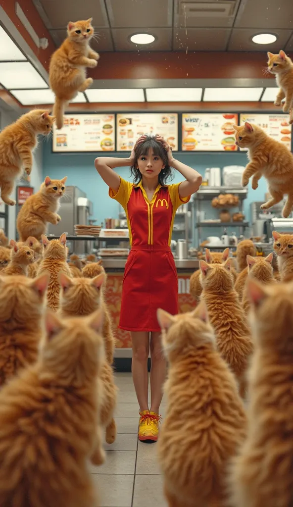 A chaotic and hilarious scene inside a McDonald's restaurant, filled with dozens of fluffy orange cats causing mayhem. Some cats are jumping on the counters, others are knocking over trays of burgers and fries, while a few are playfully hanging from the me...