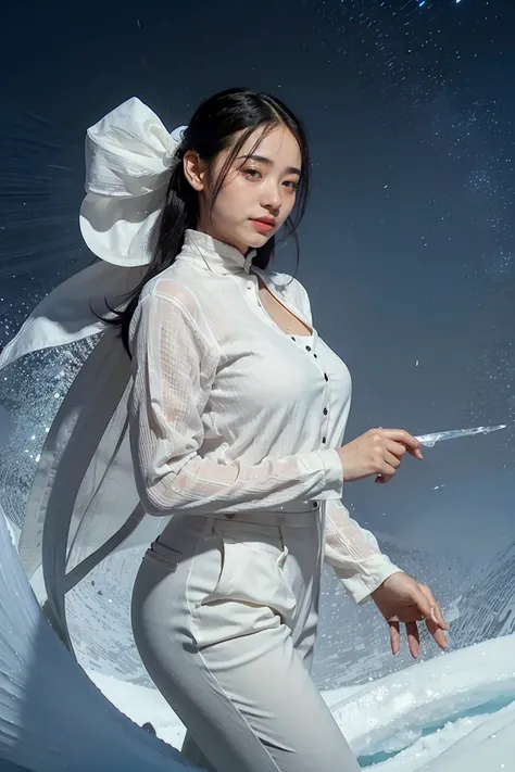 A petite and elegant woman in white suit with a calm, confident demeanor, standing approximately 5'2". She has shoulder-length black hair that flows gently around her face, almond-shaped eyes, and a soft, radiant complexion. She wears a sleek combat outfit...