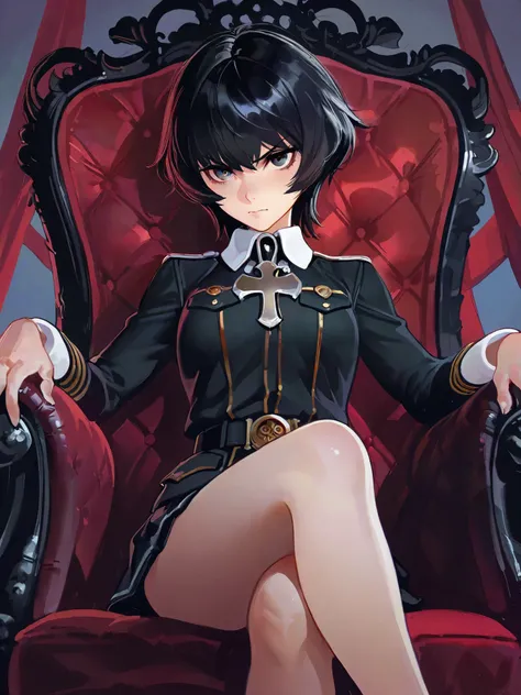 A slightly lower-angle viewpoint looking upward, emphasizing a young girl glaring down intensely at the viewer with sharp, intimidating, and dominant eyes. A delicate yet authoritative girl dressed in an elegant black military-style uniform, seated cross-l...