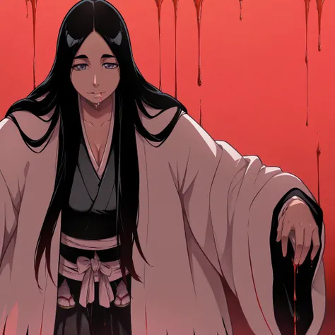 unohana from bleach, unohana retsu, wearing white robe, dripping blood, blood dripping, 1girl, bankai, black hair, long hair, haori, japanese clothes, kimono, tabi, high contrast, colorful,