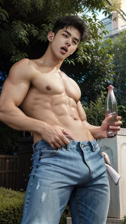 Un hombre macho coreano, young,  jeans , sexy look, una pinga, big cock, Bulge, big penis, nice dick, masturbating, garden, screaming face, topless, shirtless, cara picara, hairy chest, full shot photo, foot, stand up, day, full ilumination, green eyes